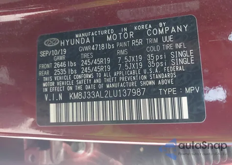 2020 Hyundai Tucson Sport из США, поврежденный, VIN KM8J33AL2LU137987